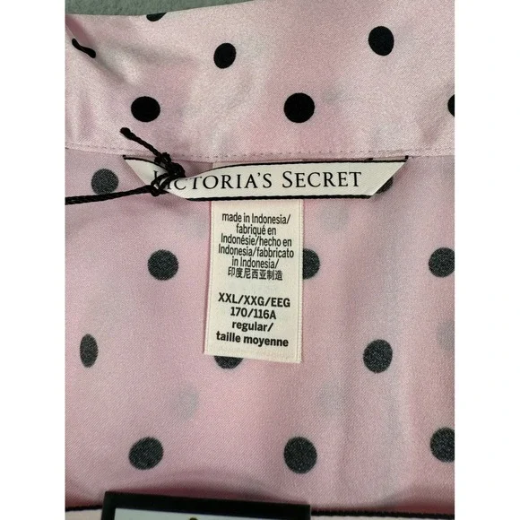 Victoria's Secret XXL Pink Polka Dot Satin Long Pajama Set 2 Piece Sleepwear NWT